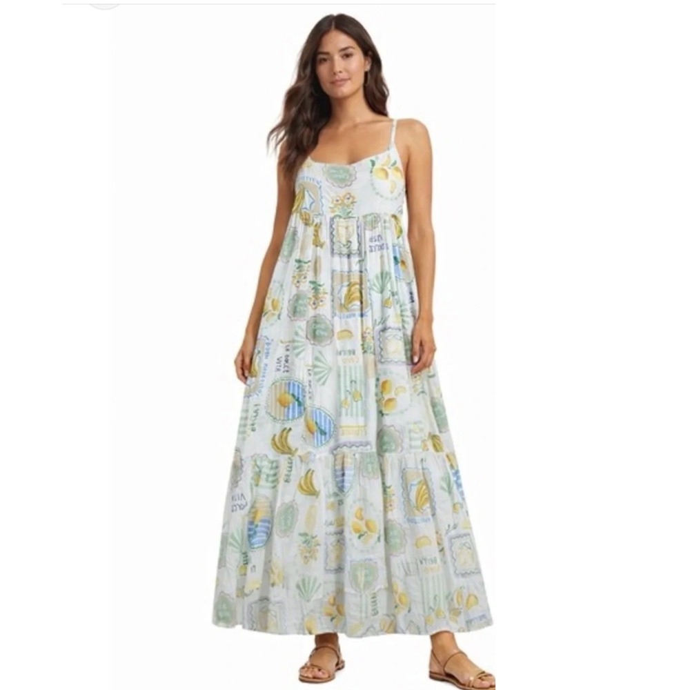 NWT Paper Heart Fruit Print Midi Maxi Dress M Rayon Linen Ciao Bella Tiered